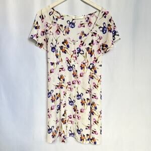 Elegant Floral Mini Dress in Cream and Purple Tie back, Women’s Large